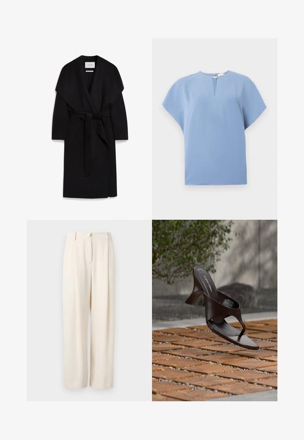 Sort omslagsfrakke lavet af blødt stof, med sjalskrave, korte ærmer og et matchende bælte i taljen. Ren, minimalistisk design.; Lys blå kortærmet bluse med rund halsudskæring, frontkladde-detalje og et blødt, glat stof med minimal syning.; Beige vide bukser i et glat stof, med enkelt knaplukning, sidelommer og en afslappet pasform for komfortabelt brug.; Brun Calvin Klein hælet thong sandal svævende over træflise og grus udendørs med sløret grønt og stenmur i baggrunden.