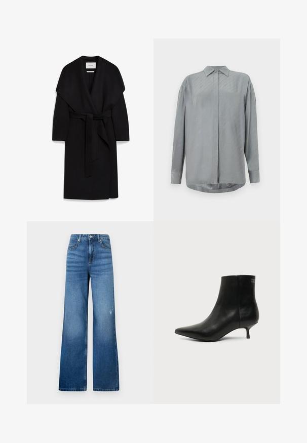 Schwarzer Wickelmantel aus weichem Stoff, mit einem Schalkragen, kurzen Ärmeln und einem passenden Gürtel in der Taille. Sauberes, minimalistisches Design.; Helles graues Langarmshirt aus glattem Stoff mit durchgehender Knopfleiste und dezenten diagonalen Mustern. Klassischer Kragen und abgerundeter Saum.; Weite blaue Denim-Jeans mit einem leichten Verblassen, ausgestattet mit fünf Taschen und einem Standardbund mit Knopfverschluss. Sanfte Textur.; Schwarzer Leder-Knöchel-Stiefel mit spitzer Spitze und niedrigem Kittenabsatz vor hellem Hintergrund, seitliche Ansicht.