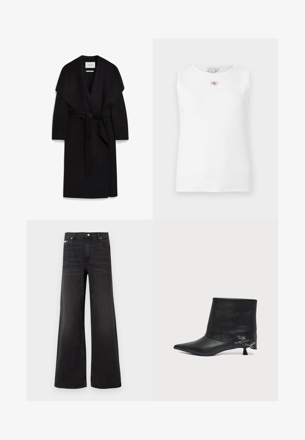 Schwarzer Wickelmantel aus weichem Stoff, mit einem Schalkragen, kurzen Ärmeln und einem passenden Gürtel in der Taille. Sauberes, minimalistisches Design.; Weißes ärmelloses geripptes Tanktop mit kleinem roten und schwarzem Calvin Klein Logo, zentriert unterhalb des Halsausschnitts.; Schwarze Jeans mit weitem Bein, vorne mit Knopf- und Reißverschluss, Gürtelschlaufen und Fünf-Taschen-Stil.; Schwarzer Lederankle-Boot mit spitzer Zehe, kurzem kittenabsatz und silbernem Schriftzug in der Nähe der Ferse.