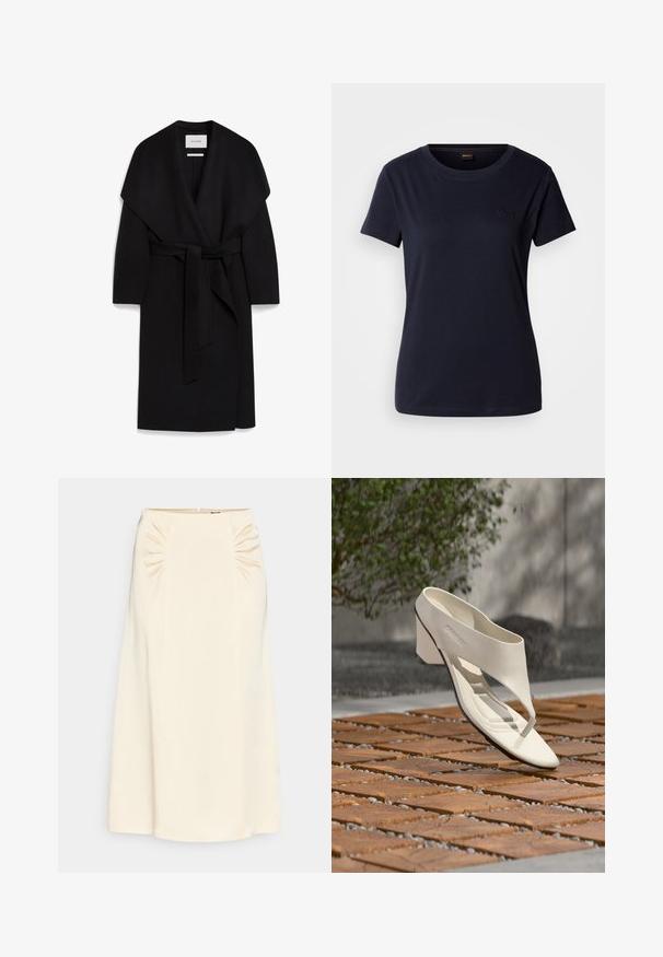 Schwarzer Wickelmantel aus weichem Stoff, mit einem Schalkragen, kurzen Ärmeln und einem passenden Gürtel in der Taille. Sauberes, minimalistisches Design.; Marineblaues Kurzarm-T-Shirt aus Baumwolle mit Rundhalsausschnitt und einem kleinen gestickten Logo auf der Brust. Glatte Textur.; Cremefarbene Midirock mit gerafften Details an der Taille und einer glatten, geschmeidigen Textur. Verfügt über einen seitlichen Reißverschluss zum Schließen.; Weißer Ledersandalette mit hohem Absatz, breitem Riemen und Zehensteg, im Freien auf einer Holz- und Kiesfliesenfläche mit Grün im Hintergrund gezeigt.