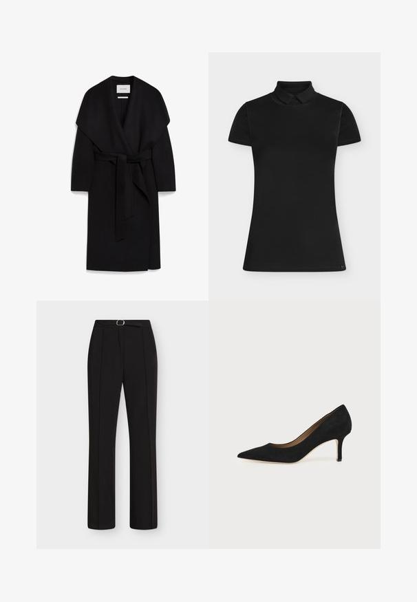 Schwarzer Wickelmantel aus weichem Stoff, mit einem Schalkragen, kurzen Ärmeln und einem passenden Gürtel in der Taille. Sauberes, minimalistisches Design.; Kurzärmliges, figurbetontes schwarzes Poloshirt mit klassischem Kragen, flach auf hellem, einfarbigem Hintergrund ausgelegt, ohne sichtbare Logos oder Verzierungen.; Schwarze gerade geschnittene Hose mit vorderen Bügelfalten und passendem schwarzen Gürtel mit silberner Schnalle, dargestellt auf weißem Hintergrund.; Schwarzer Wildleder-Pumps mit spitzer Schuhspitze, schlankem mittelhohem Stiletto-Absatz und tiefem Ausschnitt auf einfachem Hintergrund.
