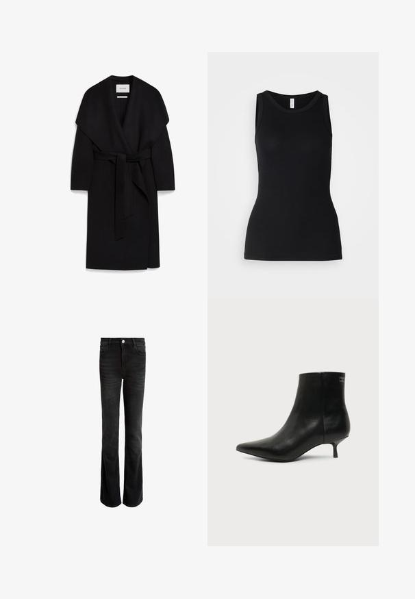 Sort omslagsfrakke lavet af blødt stof, med sjalskrave, korte ærmer og et matchende bælte i taljen. Ren, minimalistisk design.; Sort ærmeløs tanktop lavet af ribbet stof, med rund halsudskæring og tætsiddende design, med en glat overflade og uden mønstre.; Sorte flared jeans lavet af denim, med høj talje, fem lommer og sølvfarvet knaplukning. Glat tekstur med subtilt falm.; Sort læder ankelstøvle med spids tå og lav kitten hæl på lys baggrund, der viser yderside.