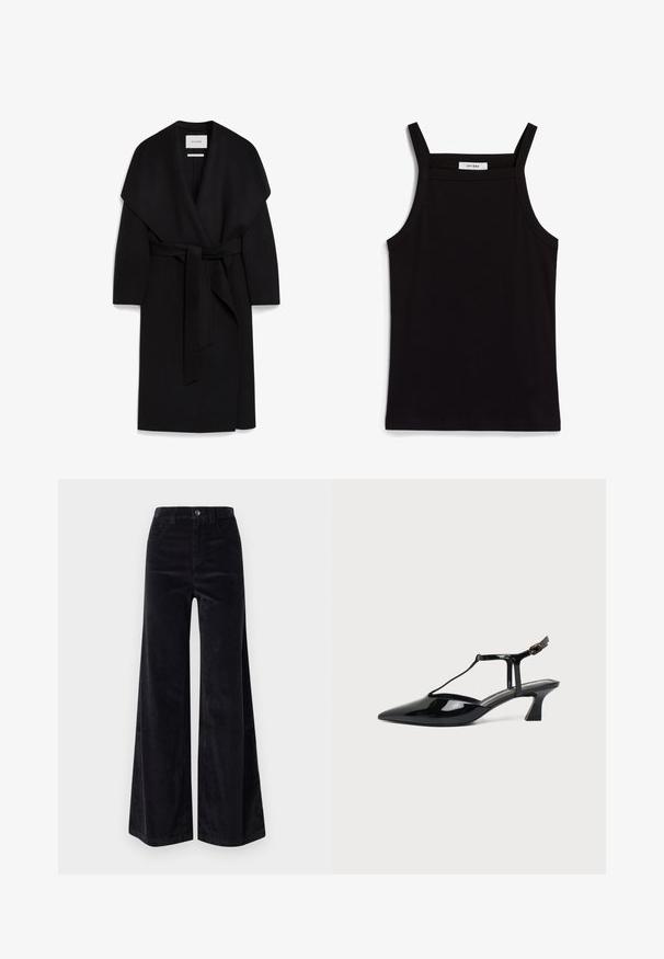 Sort omslagsfrakke lavet af blødt stof, med sjalskrave, korte ærmer og et matchende bælte i taljen. Ren, minimalistisk design.; Sort tanktop med tynde spaghetti-stropper, lavet af et ribbet stof, med en lige skæring og et mærke ved halsudskæringen, der står "IVY OAK."; Sorte fløjl brede bukser med høj talje, knaplukning og frontlommer. Glat tekstur med lodret ribbet mønster.; Sort laklæder spids tå slingback sko med T-rem og lav skrå blokhæl på hvid baggrund.