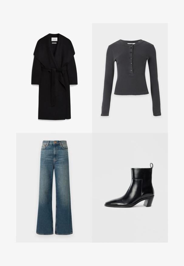 Sort omslagsfrakke lavet af blødt stof, med sjalskrave, korte ærmer og et matchende bælte i taljen. Ren, minimalistisk design.; Langærmet, mørkegrå ribstrikket skjorte med rund hals og fem sorte knapper ned langs fronten.; Bredde ben jeans i medium blå denim, med høj talje, fem-lomme design og en subtil falmet finish. Kobberknap og syninger som detaljer.; Sort læder ankelstøvle med spids tå, geometrisk stablet hæl og en løftestrop bagpå. Glat tekstur og slankt design.