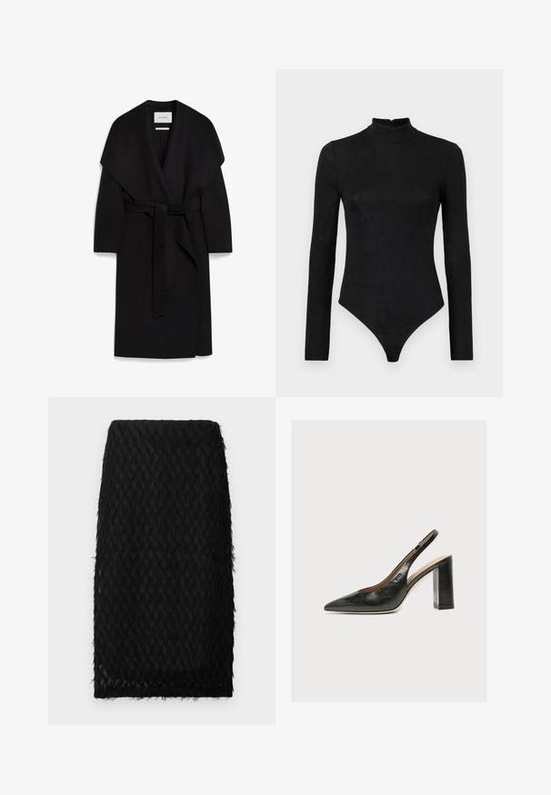 Sort omslagsfrakke lavet af blødt stof, med sjalskrave, korte ærmer og et matchende bælte i taljen. Ren, minimalistisk design.; Sort langærmet bodystocking med høj hals og subtil tekstur. Har en lynlås bagpå og en thong-bunddesign.; Sort blyant nederdel med tekstureret, fjerlignende detaljering og en glat kant. Stoffet ser let og semi-gennemsigtigt ud.; Sort læder kvindesko med slingback, spids tå og tyk blokhøj hæl på hvid baggrund.