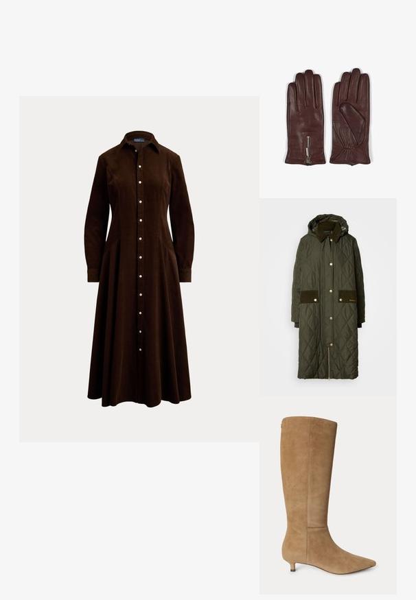 Gequiltede lange jas in donkergroen met een capuchon, corduroy kraag, gouden hardware, twee corduroy zakken en een zijrits.; Donkerbruine midi-jurk met lange mouwen, knopen, kraag en getailleerde taille, weergegeven op een effen lichte achtergrond.; Tan kleurige suède kniehoge laars met spitse neus en kleine kittenhak, zijaanzicht tegen een effen achtergrond.; Bruine leren handschoenen met een gladde textuur, een ontwerp met vijf vingers en een ritssluitingaccent bij de pols met een gathered stofdetail.