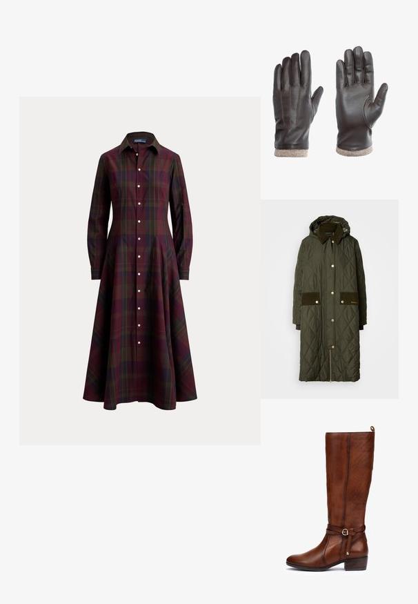 Gequiltede lange jas in donkergroen met een capuchon, corduroy kraag, gouden hardware, twee corduroy zakken en een zijrits.; Langarmige jurk met knopen, donker ruitpatroon in bordeaux, groen en marineblauw, met kraag en uitlopende rok.; Bruine leren kniehoge laars met een ronde neus, zijgespelde accent en een chunky hak. Gestructureerd oppervlak en een decoratieve riemdetail.; Bruine leren handschoenen met een gladde textuur, voorzien van drie gestikte lijnen op de achterkant en een lichtbruine gebreide manchet.