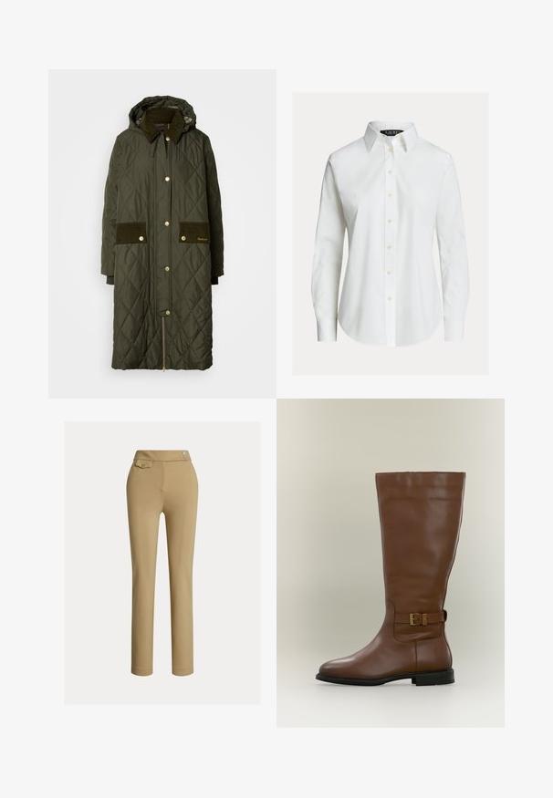 Gequiltede lange jas in donkergroen met een capuchon, corduroy kraag, gouden hardware, twee corduroy zakken en een zijrits.; Witte overhemd met lange mouwen, knopen aan de voorkant, puntige kraag en licht gebogen zoom.; Beige slim-fit vrouwenbroek met hoge taille, twee knopen aan de zijkant en een klein knoopsluiting flapzakje nabij de tailleband.; Hoge bruine leren laars met een zijgespsluiting en een lage zwarte zool, gefotografeerd tegen een neutrale achtergrond.