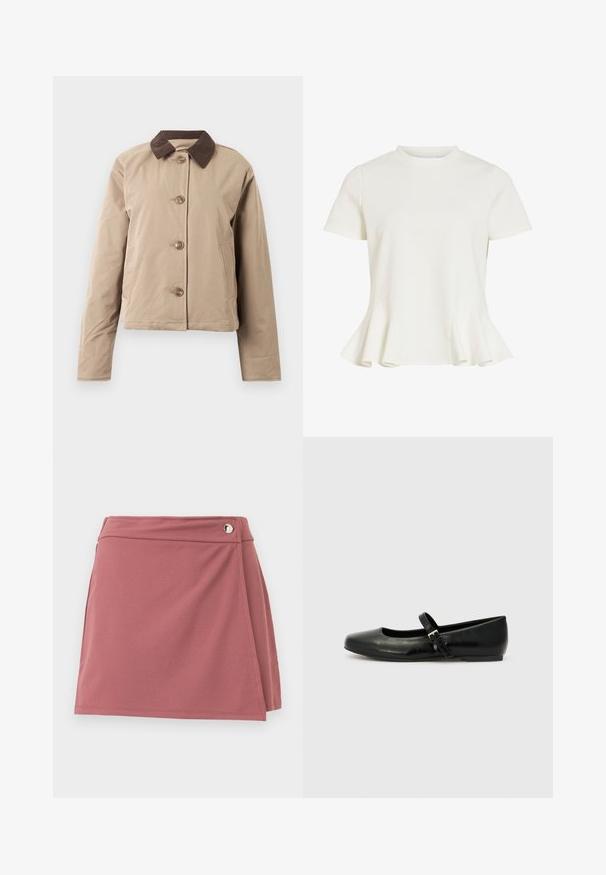 Beige jas met een bruin corduroy kraag, sluiting met vijf knopen aan de voorkant, twee zijzakken en lange mouwen. Glad stoftextuur.; Witte blouse met korte mouwen, ronde hals en wijde peplumzoom, gladde stof en eenvoudig getailleerd ontwerp.; Korte wikkelrok in stoffig rozenrood met een klein zilveren knoopje vlakbij de tailleband op een effen lichte achtergrond.; Zwarte leren balletschoenen met een ronde neus, een platte zool en een dunne verstelbare band over de wreef met een metalen gesp.