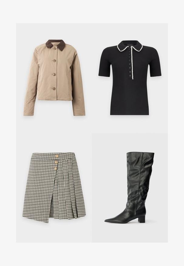 Beige Jacke mit einem braunen Cordkragen, fünf Knöpfen an der Vorderseite, zwei seitlichen Taschen und langen Ärmeln. Glatte Stoffoberfläche.; Schwarzes, geripptes Polohemd mit kurzen Ärmeln und weißem Besatz entlang des Kragens und der Knopfleiste, vorne mit sieben schwarzen Knöpfen.; Karierter Rock in Schwarz-Weiß mit drei goldenen Knöpfen, mit plissiertem Design und einem vorderen Schlitz. Weiche Stoffstruktur.; Schwarze kniehohe Stiefel aus Leder mit spitzem Zehenbereich, weitem Schaft und Blockabsatz. Glatte Textur mit minimaler sichtbarer Naht.