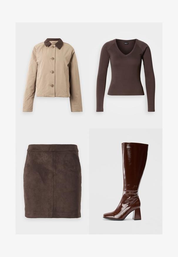 Beige jas met een bruin corduroy kraag, sluiting met vijf knopen aan de voorkant, twee zijzakken en lange mouwen. Glad stoftextuur.; Bruine lange mouwen V-hals top met een getailleerde pasvorm, gemaakt van een zachte stretchstof, met raglanmouwen en schone zomen.; Bruine suède minirok met een gladde textuur, taps toelopend ontwerp en een platte tailleband, voorzien van verticale naden voor structuur.; Kniehoge bruine laarzen van gepatenteerd leer met een vierkante neus, glanzende afwerking en een chunky hak voor stabiliteit. Naadloos ontwerp zonder zichtbare hardware.