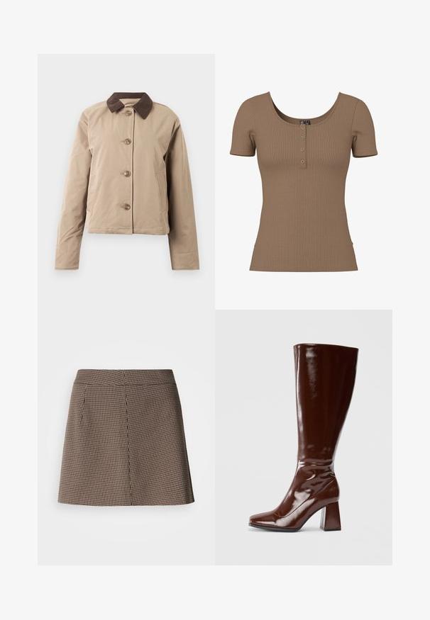 Beige Jacke mit einem braunen Cordkragen, fünf Knöpfen an der Vorderseite, zwei seitlichen Taschen und langen Ärmeln. Glatte Stoffoberfläche.; Braunes, kurzärmliges, geripptes Oberteil mit Rundhalsausschnitt und vier kleinen runden silbernen Knöpfen auf der vorderen Blende.; Minirock im braun-schwarzen Hahnentrittmuster mit geradem Schnitt und vorderer Nahtdetails auf weißem Hintergrund.; Knöchelhohe braune Lacklederstiefel mit quadratischer Spitze, glänzender Oberfläche und stabilen Blockabsätzen. Nahtloses Design ohne sichtbare Beschläge.