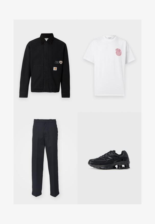 Sort canvasjakke med krave og to forlommer. Har et hjerteformet design og et mærke på den nederste lomme.; Hvid T-shirt med korte ærmer og lille rød spiraltekst på venstre bryst med teksten "Carhartt WIP" og "Est. 1889" i et cirkulært design.; Sorte skræddersyede bukser med lige ben, fremstillet af glat stof, med et taljebånd med løkker og uden synlige mønstre eller hardware.; Sort atletiksko med mesh-overdel, polstret krave og markant støddæmpningsteknologi ved hælen. Har teksturerede detaljer og snørebånd.