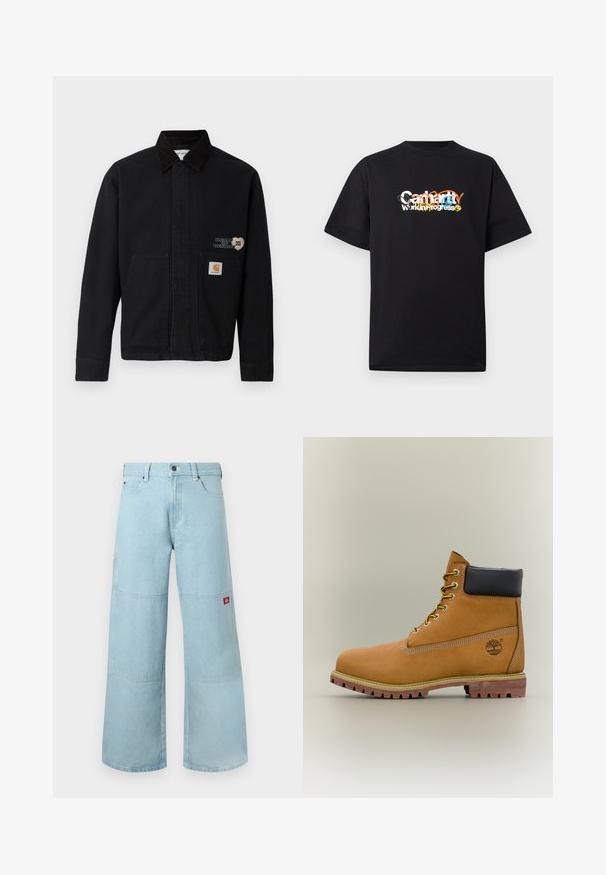 Sort canvasjakke med krave og to forlommer. Har et hjerteformet design og et mærke på den nederste lomme.; Sort T-shirt med korte ærmer og flerfarvet, overlappende grafisk tekst, der læser "Carhartt working progress" midt på forsiden.; Lyseblå vidde jeans i denim med kontrastpatches. Har en frontknaplukning og en lille logopatch på sidelommen.; Brun læderankelstøvle med sort krave, gule snørebånd og tanfarvet sål. Har logo og hvide syninger som detalje. Robust ydersål med greb.