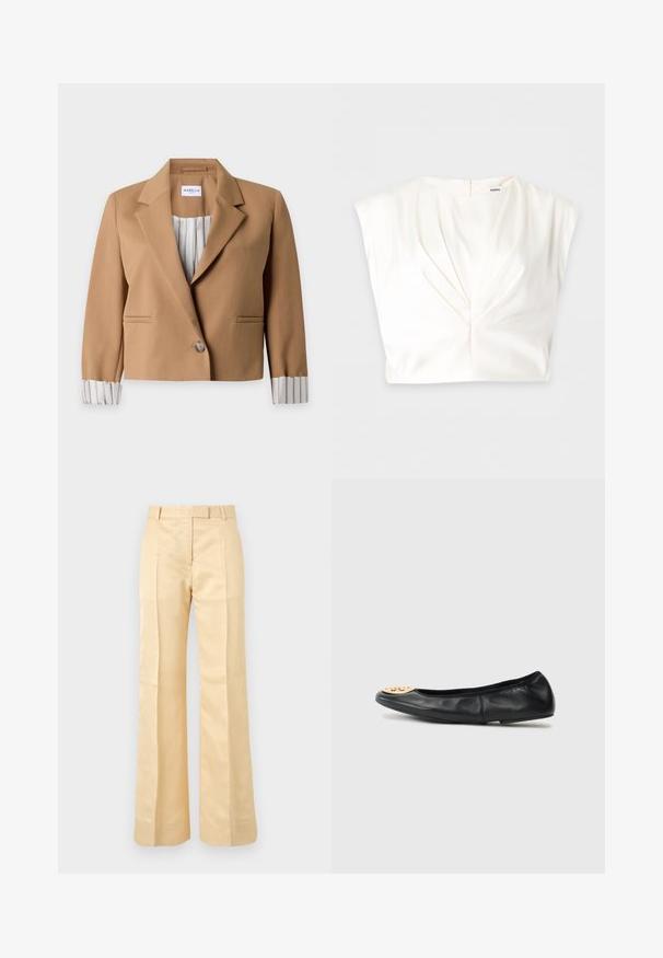 Blazer court marron clair avec un bouton unique, col cranté et doublure rayée visible aux manches retroussées et à l’intérieur.; Blouse blanche sans manches avec un détail torsadé à l'avant et une fermeture éclair dans le dos, posée à plat sur un fond uni.; Pantalon beige à taille haute, coupe droite, avec passants pour ceinture et plis avant sur fond uni.; Ballerine en cuir noir avec un bout arrondi, présentant un accent en métal doré sur le bout, une texture lisse et une semelle flexible.