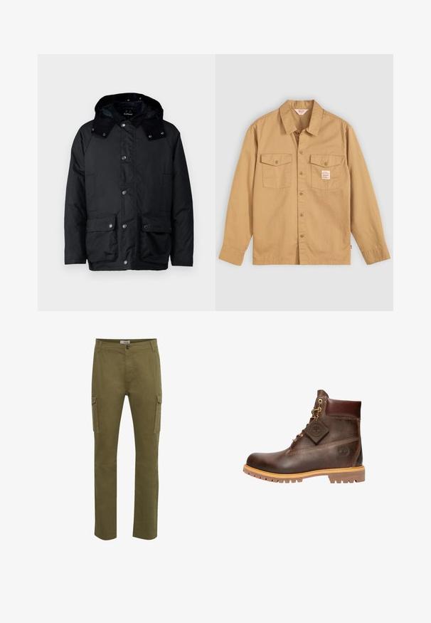 Barbour MODERN BEAUFORT JACKET - Ελαφρύ μπουφάν - navy; Κοντομάνικο μπεζ πουκάμισο με μακριά μανίκια, δύο τσέπες στο στήθος και μια μικρή ετικέτα. Φτιαγμένο από βαμβάκι με λεία υφή και κλασικό σχέδιο γιακά.; Πράσινο cargo παντελόνι με ίσια γραμμή, που διαθέτει δύο πλαϊνές τσέπες, κούμπωμα με κουμπί και ραφές στην επιφάνεια του υφάσματος.; Καφέ δερμάτινο μποτάκι μέχρι τον αστράγαλο με στρογγυλή μύτη, ανθεκτική σόλα, χρυσό εξάρτημα και υφή στην επιφάνεια. Περιλαμβάνει ετικέτα λογότυπου συνημμένη.