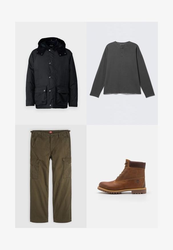 Barbour MODERN BEAUFORT JACKET - Ελαφρύ μπουφάν - navy; Σκούρο γκρι φανέλα με μακριά μανίκια, στρογγυλή λαιμόκοψη και τρία κουμπιά στο μπροστινό μέρος.; Cargo παντελόνι σε ελιά πράσινο με ίσιο πόδι, πλαϊνές τσέπες με καπάκι, εμπρόσθιες λοξές τσέπες, θηλιές για ζώνη και κλείσιμο με κουμπί.; Καφέ δερμάτινο μποτάκι πεζοπορίας με λείο φινίρισμα, επενδεδυμένο αστράγαλο, μεταλλικές θηλιές και ελαστική σόλα που διαθέτει ρουστίκ μοτίβο.