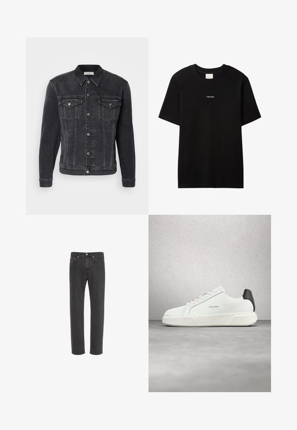 Dunkelgraue Jeansjacke mit Kragen, zwei Vordertaschen, silbernen Metallknöpfen und sichtbaren Nähdetails.; Schwarzes Baumwoll-T-Shirt mit Rundhalsausschnitt und kurzen Ärmeln. Auf der Vorderseite befindet sich ein kleines weißes "Calvin Klein"-Logo. Glatte, klassische Passform.; Schwarze Straight-Leg-Jeans aus Denim mit Knopf- und Reißverschluss vorne, Vorder- und Gesäßtaschen, auf weißem Hintergrund dargestellt.; Weiße Sneaker mit glattem Lederobermaterial, flachen Schnürsenkeln und erhöhter weißer Sohle. Verfügen über einen schwarzen Akzent an der Ferse und ein geprägtes Logo.