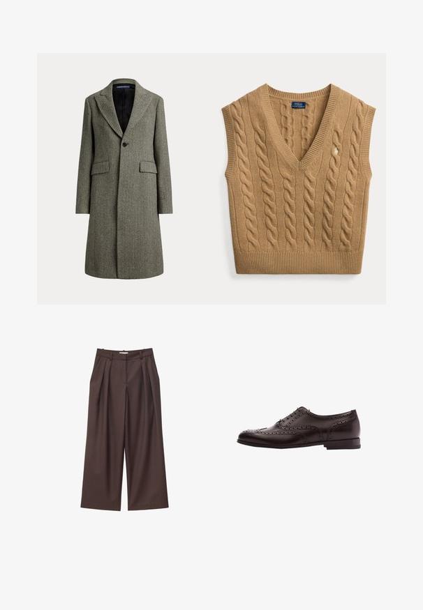 Wollen mantel van middellange lengte met visgraatpatroon, brede revers, een zwarte knoop, twee klepzakken en een zwarte binnenvoering.; Camelbruine kabelgebreide mouwloze V-hals trui met Polo Ralph Lauren label en klein geborduurd logo op de voorkant.; Bruine broek met hoge taille, wijde pijpen, voorplooien, riemlussen en een verborgen sluiting aan de voorkant.; Bruine leren schoenen met brogue-details, vetersluiting, ronde neus en een lage gestapelde hak. Gepolijste afwerking en ingewikkelde perforaties.