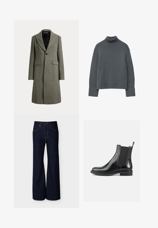 Uldfrakke i mellem længde med sildebensmønster, brede revers, enkelt sort knap, to lommer med klap og sort for.; Grå strikket turtleneck sweater med ribbede manchetter og kant, cropped design og en tekstureret finish.; Mørkeblå denimbukser med høj talje, bred benudskæring, forlommer, knap og lynlås.; Sorte læder Chelsea-støvler med elastiske sider, rund tå og en glat overflade. Har en kort hæl og en træksløjfe bagpå.