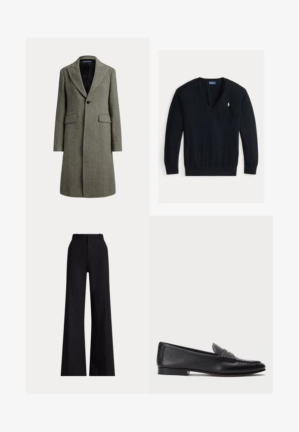 Uldfrakke i mellem længde med sildebensmønster, brede revers, enkelt sort knap, to lommer med klap og sort for.; Sort langærmet V-hals sweater med ribkanter ved ærmer og talje, med en lille hvid broderet Polo Ralph Lauren-logo på venstre bryst.; Sorte højtaljede bukser med vide ben, bæltestropper, foran lynlås og ren sømløs design på en ensfarvet lys baggrund.; Sorte læder loafers med struktureret finish, der har en dekorativ rem og flad hæl. Slank, minimalistisk design med rund tå.