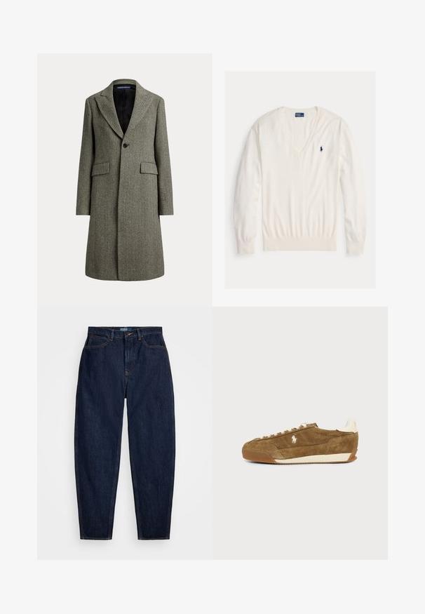Uldfrakke i mellem længde med sildebensmønster, brede revers, enkelt sort knap, to lommer med klap og sort for.; Hvid langærmet V-hals sweater med ribmanchetter og kant, med en lille navyblå Ralph Lauren polo spiller logo på venstre bryst.; Mørkeblå denim jeans med lige pasform, der har orange syninger, en forreste knaplukning og fem lommer.; Brun ruskind lavsko sneaker med hvide snørebånd, beige sål og et lille hvidt hestelogo på siden.