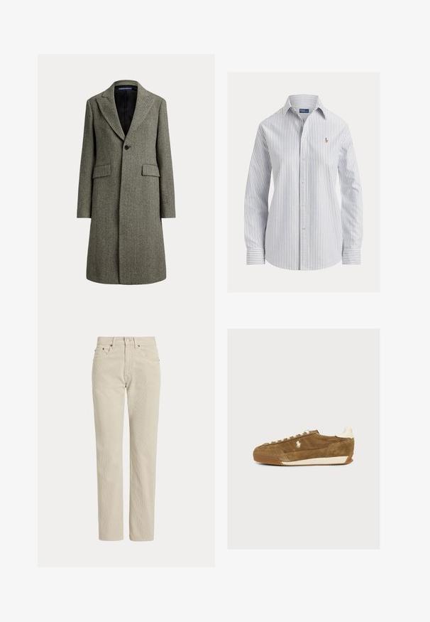 Abrigo de lana de longitud media con estampado de espiga, solapas anchas, un botón negro, dos bolsillos con solapa y forro interior negro.; Camisa blanca con botones, con finas rayas verticales azules, mangas largas, cuello puntiagudo y pequeño logo bordado en el pecho.; Pantalones de pana beige de corte recto con trabillas para cinturón, botón delantero, cremallera y bolsillos delanteros.; Zapatilla marrón de ante con cordones blancos, detalles blancos en la suela y un pequeño logo de caballo bordado en blanco en el lateral.