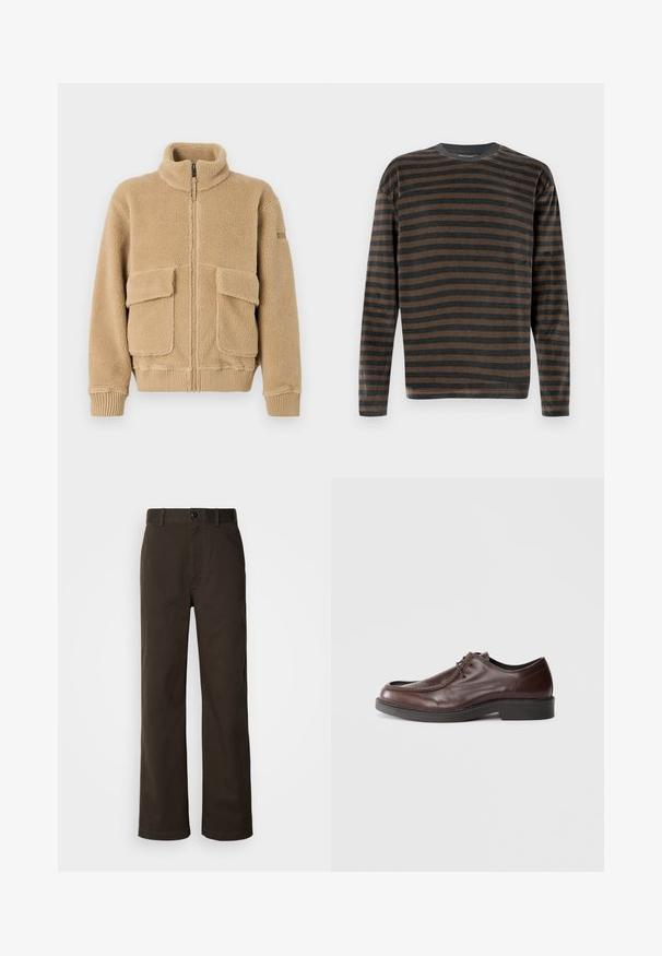 Veste en polaire beige avec col montant, fermeture éclair à l'avant, deux grandes poches à rabat et poignets et ourlet côtelés. Texture douce avec une apparence chaleureuse.; T-shirt à manches longues avec un col ras du cou, arborant des rayures horizontales noires et marron, présenté sur un fond clair uni.; Pantalons en coton marron avec une coupe droite, dotés d'une fermeture à bouton, de passants de ceinture et de détails de couture minimalistes.; Chaussure habillée en cuir marron avec un bout arrondi, des accents de couture minimum, et une semelle noire robuste. Présente un système de laçage et une texture lisse.