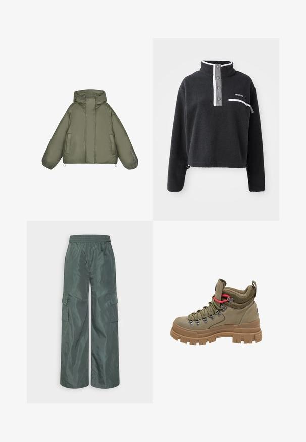 Pufferjack in olijfgroen, met een capuchon, oversized pasvorm, elastische manchetten, twee zijzakken en tekstdetails op de mouw.; Zwarte fleece pullover met een ritskraag, voorzien van een borstzak en contrasterende witte en grijze accenten. Zachte textuur, cropped ontwerp.; Even&Odd Cargobroek - dark green; Hoge wandelboot in olijfgroen met dikke bruine rubberen zool, mesh gevoerde kraag, metalen veteroogjes en rode accent veterlus.