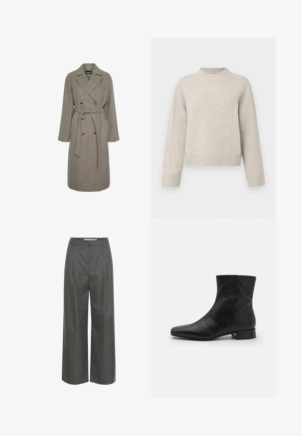 Manteau en mélange de laine gris avec un design croisé, de grands boutons et une taille ceinturée. Il dispose d'un col en V et de manches longues.; Pull en tricot épais gris clair avec un col rond, des épaules tombantes et des bords côtelés aux poignets et à l'ourlet. Texture douce, coupe décontractée.; Pantalons gris à large jambe en tissu texturé, dotés d'une taille haute et de plis à l'avant, sans poches visibles ni détails en métal.; Botte cheville en cuir noir avec un bout pointu, texture lisse, design minimaliste et un petit talon carré. La fermeture éclair sur le côté monte jusqu'à la cheville.