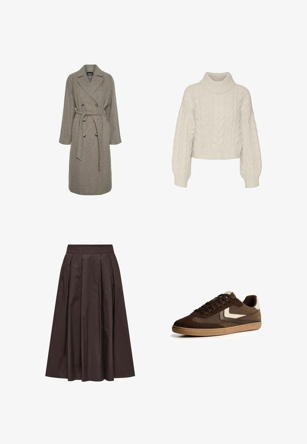 Grå uldblandingsfrakke med dobbeltknap-design, store knapper og bælte i taljen. Har en notch-krave og lange ærmer.; Vero Moda Knitted VMDREAM Knitted - Striktrøje - birch; Brun plisseret nederdel lavet af letvægtsstof, med en elastisk talje og en flowy A-linjeform. Glat overflade uden synlige mønstre.; Brune ruskind og stof lav-top sneakers med beige accenter, gummisål, snørelukning og minimalistisk design på hvid baggrund.
