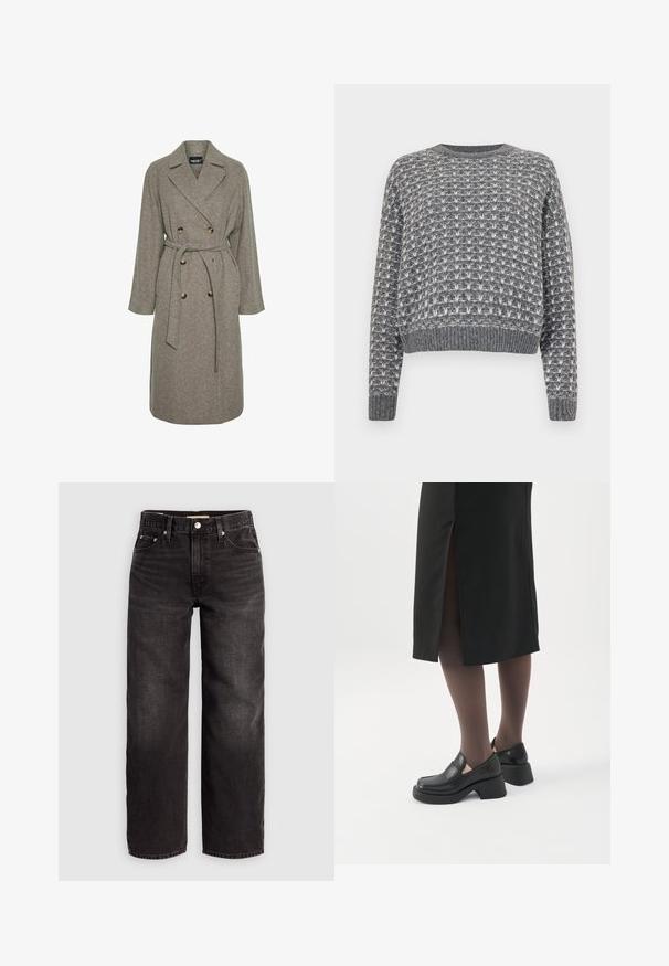 Grau melierter Wollmischmantel mit doppelter Knopfleiste, großen Knöpfen und einem Gürtel in der Taille. Mit Notchkragen und langen Ärmeln.; Noisy May NMMAELYS O NECK - Strickpullover - charcoal gray/cloud dancer; Levi's® BAGGY DAD - Baggy Jeans - shrink up; Frau trägt schwarze Loafers mit klobigem Absatz, schwarze transparente Strumpfhosen und einen schwarzen Rock mit Schlitz hinten vor weißem Hintergrund.