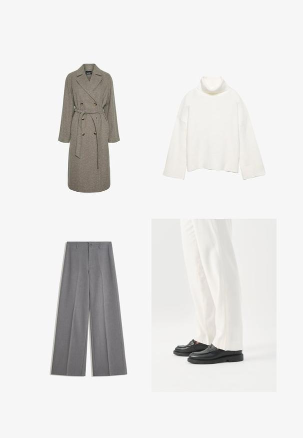 Grå uldblandingsfrakke med dobbeltknap-design, store knapper og bælte i taljen. Har en notch-krave og lange ærmer.; Hvid rullekrave sweater lavet af blødt stof, med en afslappet pasform, sænkede skuldre og brede ribstrikkede manchetter og kant.; Grå brede bukser med bæltestropper, foran knaplukning og pressede folder ned ad hvert ben.; Person iført hvide skræddersyede bukser og sorte læder loafers stående på hvid baggrund.