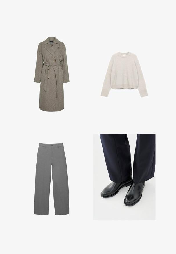 Grå uldblandingsfrakke med dobbeltknap-design, store knapper og bælte i taljen. Har en notch-krave og lange ærmer.; Lysegrå cropped sweater lavet af blødt strikket materiale med rund halsudskæring, ribstrikkede manchetter og en afslappet pasform.; Lysegrå bukser med vide ben i en glat, tekstureret stof, med knaplukning foran og bæltestropper i taljen.; Sorte Chelsea-støvler i læder med en glat finish, flade såler og elastiske sidepaneler, kombineret med mørke, skræddersyede bukser.