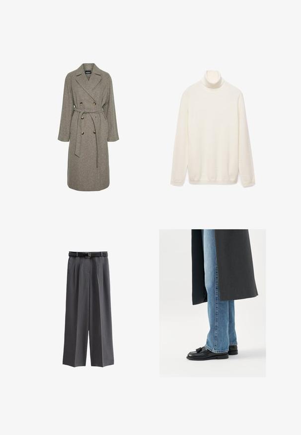 Grå uldblandingsfrakke med dobbeltknap-design, store knapper og bælte i taljen. Har en notch-krave og lange ærmer.; Cremefarvet turtleneck sweater, lavet af et blødt strikstof. Har lange ærmer og en ribbet krave. Enkel, uornamenteret design.; Grå brede bukser lavet af struktureret stof, med et sort bælte med en kvadratisk spænde og frontfolder. Lomme med enkel design er inkluderet.; Sorte læderloafer med kvaster, båret med lyseblå lige ben jeans, suppleres af en mørkegrå frakke. Rene linjer og struktureret stof.