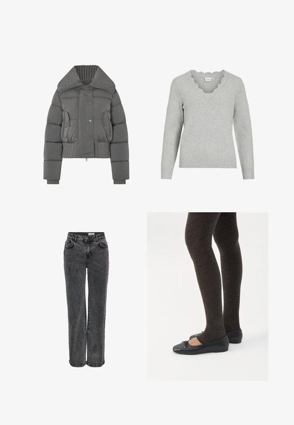 Veste doudoune grise avec un col haut à côtes, design court, boutons pression et deux poches avant. Présente des détails cousus et des poignets à côtes.; Pull gris clair à manches longues et décolleté en V. Présente des détails à bords festonnés et une texture tricot douce. Design minimaliste.; Jeans en denim noir au design droit, avec poches avant, passants de ceinture et une texture légèrement délavée.; Jambes portant des leggings côtelés foncés associés à des ballerines noires avec de petits détails en nœud sur fond blanc.