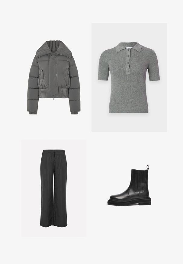 Veste doudoune grise avec un col haut à côtes, design court, boutons pression et deux poches avant. Présente des détails cousus et des poignets à côtes.; Polo gris côtelé avec un col à revers, des manches courtes et une patte de boutonnage à trois boutons. Fabriqué en tissu tricoté texturé.; Pantalons larges noirs avec des rayures blanches, dotés d'une taille lisse et d'une coupe décontractée pour plus de confort, fabriqués en tissu léger.; Bottine noire en cuir avec une finition lisse, des panneaux latéraux élastiques, une languette et une semelle épaisse et texturée. Contient des accents de couture minimalistes.