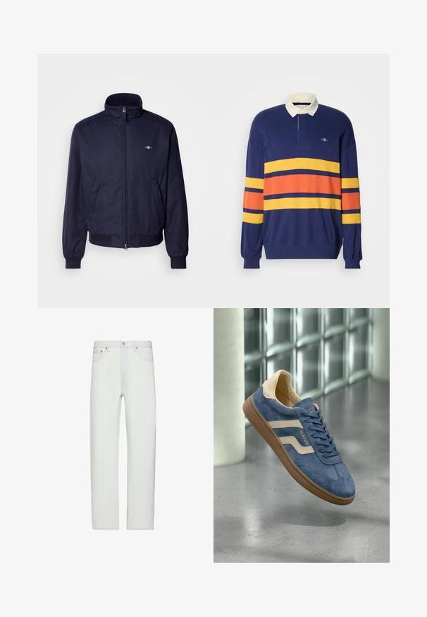 Chaqueta bomber azul marino de tejido suave, con cuello alzado, cremallera frontal, puños elásticos y bolsillos laterales. Detalle del logo sutil presente.; Polo de manga larga azul marino con un cuello blanco en contraste. Presenta franjas horizontales audaces en amarillo, naranja y azul marino en el pecho y las mangas.; Vaqueros blancos de tiro alto y pernera recta con cierre frontal de botón y cremallera, trabillas para cinturón y bolsillos delanteros.; Zapatilla de ante azul con rayas beige, suela marrón y cordones, flotando en interiores sobre un suelo de hormigón pulido cerca de bloques de vidrio.