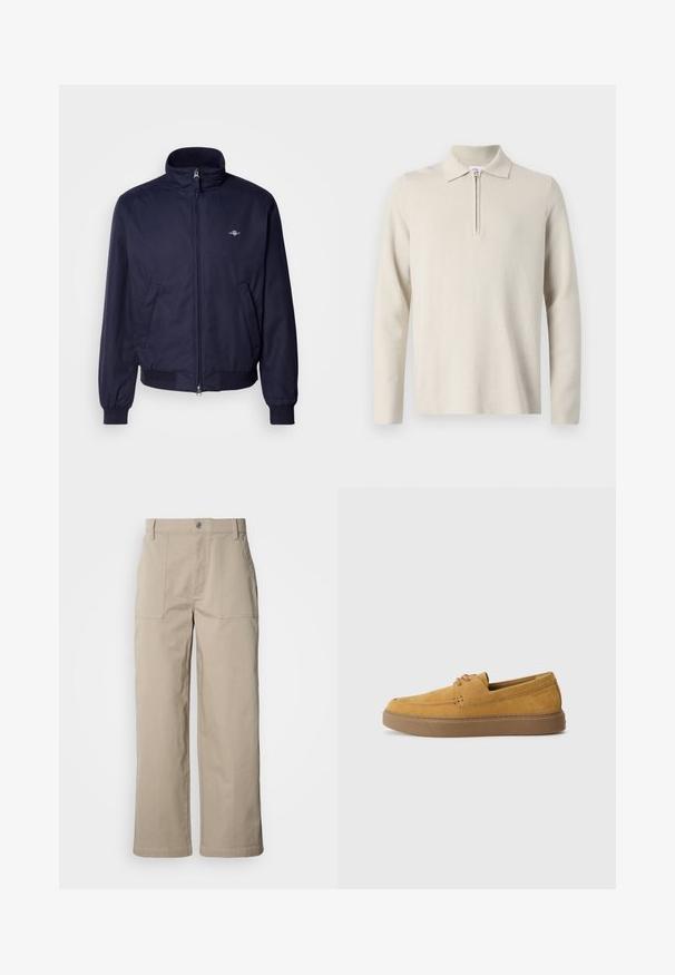 Veste bomber bleu marine en tissu lisse, avec un col montant, fermeture éclair frontale, poignets élastiques et poches latérales. Détail de logo subtil présent.; Polo à manches longues de couleur crème avec une fermeture éclair au col, fabriqué en tissu doux et texturé, avec une coupe classique et un design minimaliste.; Pantalon beige à jambes larges en coton ; doté de poches plaquées à l'avant, d'une fermeture à bouton et de coutures visibles le long des ourlets.; Chaussures slip-on en suède marron avec une finition texturée, un bout rond et une semelle en caoutchouc contrastante. Présente une marque discrète près du talon.