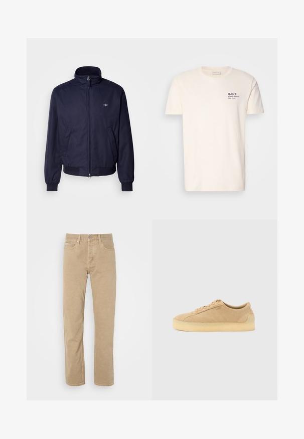 Ναυτικό μπλε bomber jacket φτιαγμένο από απαλό ύφασμα, με όρθιο γιακά, μπροστινό φερμουάρ, ελαστικές μανσέτες και πλαϊνές τσέπες. Παρών διακριτικός λεπτομερής λογότυπος.; Κρέμα βαμβακερή μπλούζα με στρογγυλή λαιμόκοψη, κοντά μανίκια και μικρή ναυτικά εκτύπωση στο στήθος που γράφει "GANT 32 EAST 39TH ST. ΝΕΑ ΥΟΡΚΗ."; Μπεζ βαμβακερούς παντελόνι με ίσια γραμμή, διαθέτει μπροστινές τσέπες, κλείσιμο με κουμπί και διακριτές ραφές κατά μήκος των ραφών.; Μπεζ σουέντ αθλητικό παπούτσι χαμηλού προφίλ με χοντρή σόλα από καουτσούκ, μπροστινό σύστημα κορδονιών και διακριτικό πλευρικό λογότυπο σε απλό ανοιχτό γκρι φόντο.