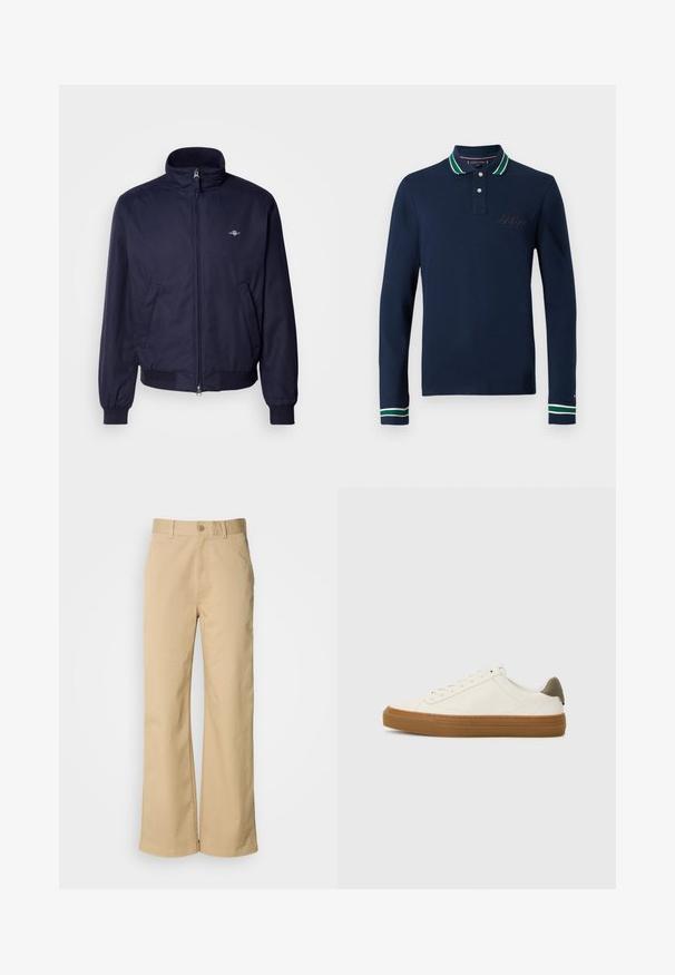 Dunkelblaues Bomberjacke aus glattem Stoff mit Stehkragen, Frontreißverschluss, elastischen Bündchen und Seitentaschen. Dezentes Logodetail vorhanden.; Marineblaue Langarm-Poloshirt mit einem Zwei-Knopf-Kragen, grünen und weißen gestreiften Akzenten am Kragen und an den Ärmelbündchen, versehen mit einer Logo-Stickerei.; Beige, weit geschnittene Hosen aus einer Baumwollmischung. Mit einem Knopfverschluss und Gürtelschlaufen. Glatte Textur mit minimalen Nähten.; Weiße Leder-Sneaker mit abgerundetem Zehenbereich, Gummisohle in Kautschukoptik und olivgrünem Fersenakzent. Besitzt eine Schnürung und minimales Nähen.