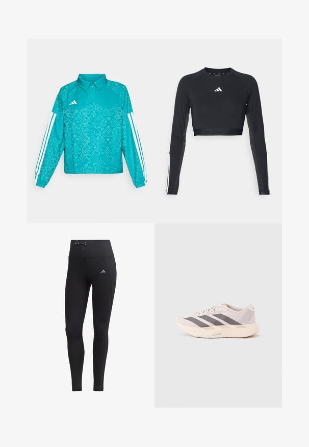 Türkis Adidas jakk, millel on lillemuster, valged kolm triipu disainil varrukatel, nööbid ees ja krae, ühtlasel taustal.; Mustade lühikeste varrukatega treeningpoliis, mis on valmistatud siledast kangast. Omab valget logo rinnal ja triibulisi aktsente varrukatel.; Mustad mustad koos kõrge vöökoht, nöördetail ja küljetaskud. Valmistatud siledast kangast, millel on peegeldav logoaktsent.; Kerged sporditossud helelilla ja halli toonis, millel on võrguline pealmine osa, kolm tumedat triipu ning paks kreemjas tallaosa, millel on silt "LIGHTSTRIKE PRO".