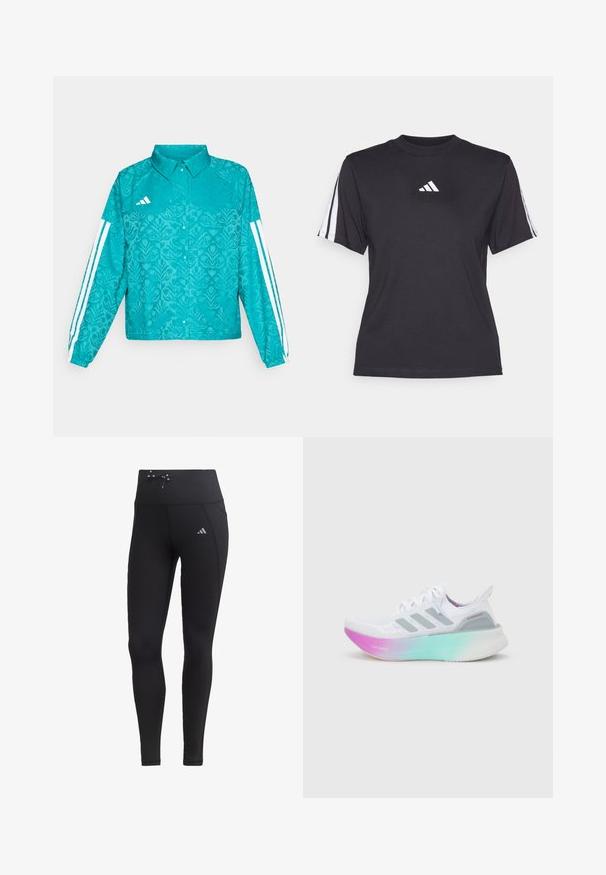 Tyrkysová bunda Adidas s kvetinovým vzorom, biele tri pruhy na rukávoch, predný zapínací gombík a golier na jednofarebnom pozadí.; Čierne športové tričko vyrobené z mäkkého materiálu, s klasickým okrúhlym výstrihom, krátkymi rukávmi a tromi bielymi pruhmi na každom ramene. Biely logo na hrudi.; Čierne legíny s vysokým pásom, detailom na šnúrku a bočnými vreckami. Vyrobené z hladkej tkaniny s reflexným logom.; Biela bežecká obuv Adidas so sivými pruhmi a hrubou podrážkou prechádzajúcou z ružovej do zelenej, obsahujúca nápisy "Lightboost" a "Ultraboost".