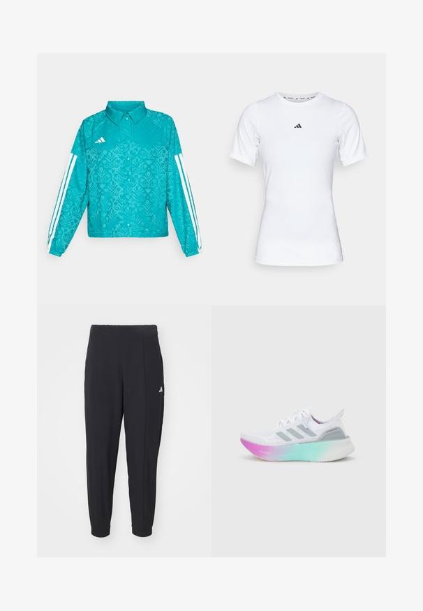 Türkisfarbene Adidas-Jacke mit floralem Muster, weißem Drei-Streifen-Design an den Ärmeln, Druckknopfverschluss vorne und Kragen auf schlichtem Hintergrund.; Weißes Sportshirt mit kurzen Ärmeln, aus glattem, dehnbarem Stoff. Mit kleinem schwarzem Adidas-Logo auf der Brust.; Schwarze Sporthosen aus einem glatten Stoff. Tapered-Design mit elastischen Bündchen. Mit kleinem weißen Logo an der linken Hüfte.; Weißer Adidas-Laufschuh mit grauen Streifen und einer dicken Sohle, die von Pink zu Grün verläuft, mit den Schriftzügen "Lightboost" und "Ultraboost".