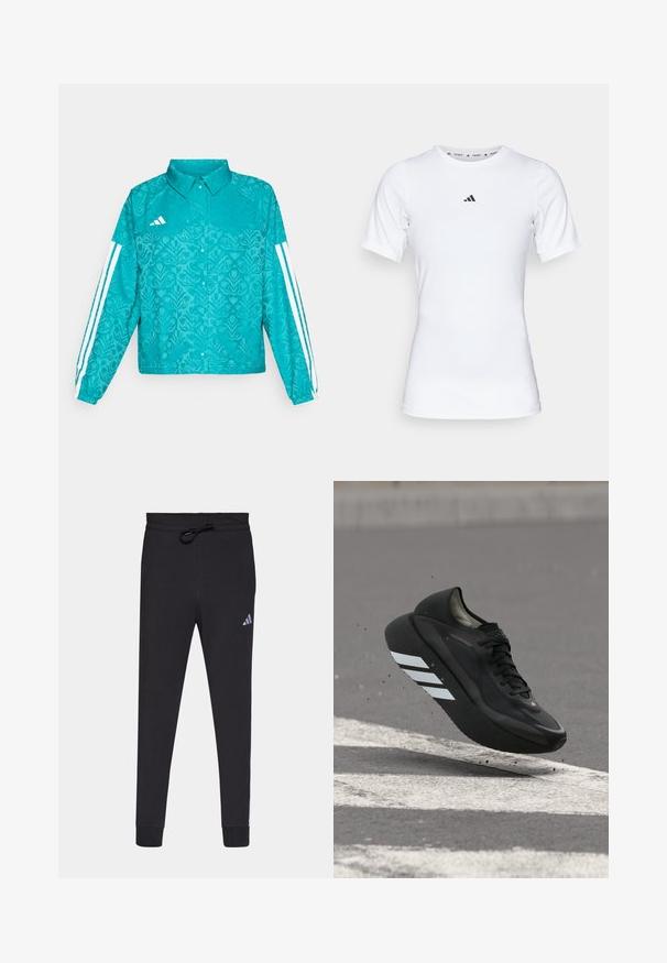 Türkisfarbene Adidas-Jacke mit floralem Muster, weißem Drei-Streifen-Design an den Ärmeln, Druckknopfverschluss vorne und Kragen auf schlichtem Hintergrund.; Weißes Sportshirt mit kurzen Ärmeln, aus glattem, dehnbarem Stoff. Mit kleinem schwarzem Adidas-Logo auf der Brust.; Schwarze Sporthose aus weichem Stoff, mit einem Kordelzugbund, schmal zulaufenden Beinen und einem kleinen weißen Adidas-Logo am linken Oberschenkel.; Schwarzer Laufschuh mit weißen Streifen auf der Sohle, schwebt über Asphalt mit weißen Straßenmarkierungen und wirbelt kleine Schmutzpartikel auf.