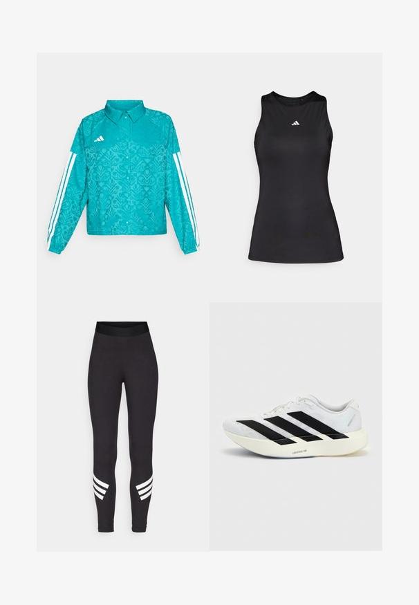 Türkisfarbene Adidas-Jacke mit floralem Muster, weißem Drei-Streifen-Design an den Ärmeln, Druckknopfverschluss vorne und Kragen auf schlichtem Hintergrund.; Schwarzes ärmelloses Sportoberteil aus glattem Stoff. Verfügt über einen runden Halsauschnitt und ein kleines weißes Adidas-Logo auf der Brust.; Schwarze Leggings aus dehnbarem Stoff, mit einem breiten Bund und drei weißen horizontalen Streifen in der Nähe der Unterschenkel.; Weißer Laufschuh mit schwarzem Drei-Streifen-Design an der Seite und dicker weißer Sohle mit der Aufschrift "Lightstrike Pro" auf einfarbigem Hintergrund.
