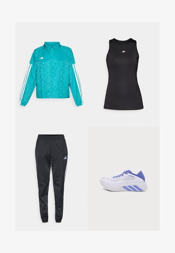 Tyrkysová bunda Adidas s kvetinovým vzorom, biele tri pruhy na rukávoch, predný zapínací gombík a golier na jednofarebnom pozadí.; Čierny bezrúškový športový top z hladkej látky. Disponuje okrúhlym výstrihom a malým bielym logom Adidas na hrudi.; Čierne športové nohavice s elastickým pásom, zúženými nohavicami a bielymi bočnými pruhmi. Na ľavom stehne je malé šedé logo trefoil.; Bielo-modrá športová obuv s hrubou podrážkou, sieťovinovými panelmi a tromi modrými pruhmi na boku, zobrazená v bočnom profile na jednoduchom pozadí.