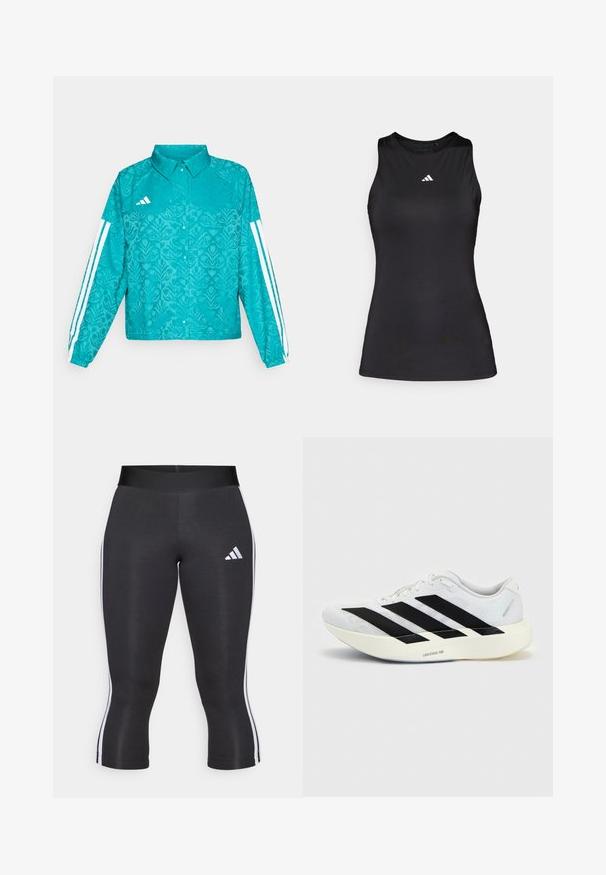 Veste Adidas teal avec motif floral, design à trois bandes blanches sur les manches, fermeture à boutons-pression sur le devant, et col sur fond uni.; Débardeur de sport noir sans manches en tissu lisse. Il présente un col rond et un petit logo Adidas blanc sur la poitrine.; Leggings capri noirs avec une large taille, présentant des rayures blanches sur les côtés et un logo Adidas blanc sur la cuisse gauche. Texture lisse.; Chaussure de running blanche avec motif trois bandes noires sur le côté et semelle blanche épaisse étiquetée "Lightstrike Pro" sur fond uni.