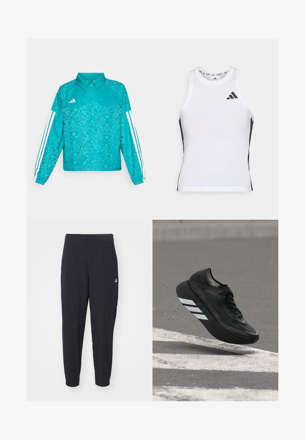 Veste Adidas teal avec motif floral, design à trois bandes blanches sur les manches, fermeture à boutons-pression sur le devant, et col sur fond uni.; Débardeur de sport blanc avec des accents latéraux noirs et un logo. Il présente une encolure arrondie et un design ajusté, fabriqué en matériau léger et respirant.; Pantalons de sport noirs en tissu lisse. Design ajusté avec des poignets élastiques. Présente un petit logo blanc sur la hanche gauche.; Chaussure de course noire avec des bandes blanches sur la semelle, flottant au-dessus de l'asphalte avec des marquages routiers blancs, soulevant de petits débris.