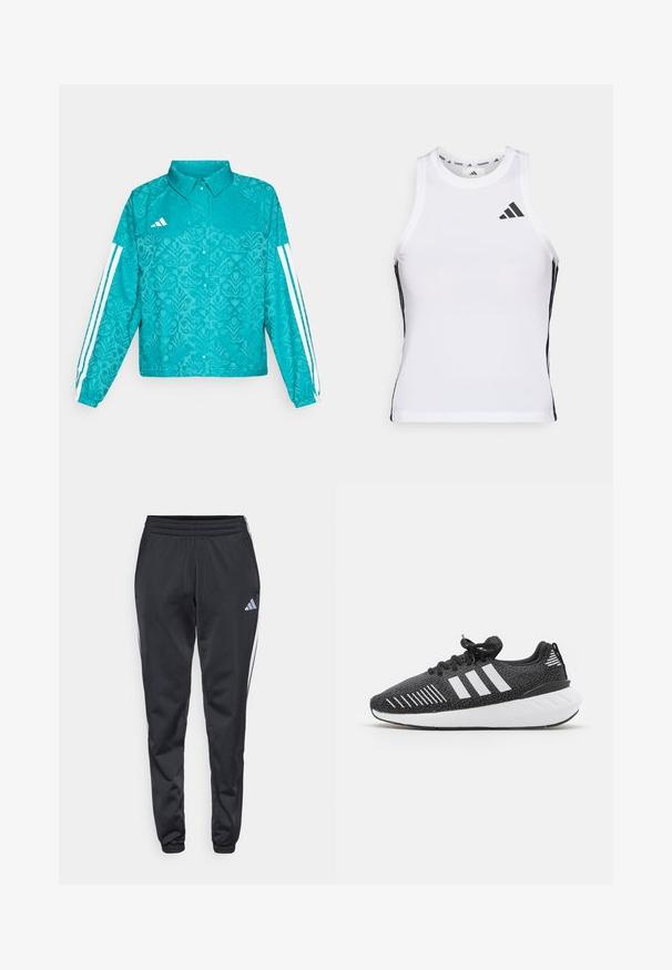 Chaqueta Adidas en tono azul verdoso con un patrón floral, diseño de tres rayas blancas en las mangas, cierre frontal de botones a presión y cuello, sobre un fondo liso.; Camiseta deportiva blanca sin mangas con acentos laterales negros y logotipo. Presenta un escote en forma de scoop y un diseño ajustado, fabricada con material ligero y transpirable.; Pantalones deportivos negros con cinturilla elástica, piernas ajustadas y rayas blancas a los lados. Presenta un pequeño logo gris de trébol en el muslo izquierdo.; Zapatillas deportivas negras con parte superior texturizada, diseño de tres franjas blancas, suela de goma y acentos blancos en el talón.